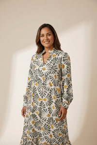 Elegant Women's Gray Abstract Floral Long Sleeve Dress - Versatile V-Neck Style for Casual and Formal Summer Events made for easy styling and wardrobe