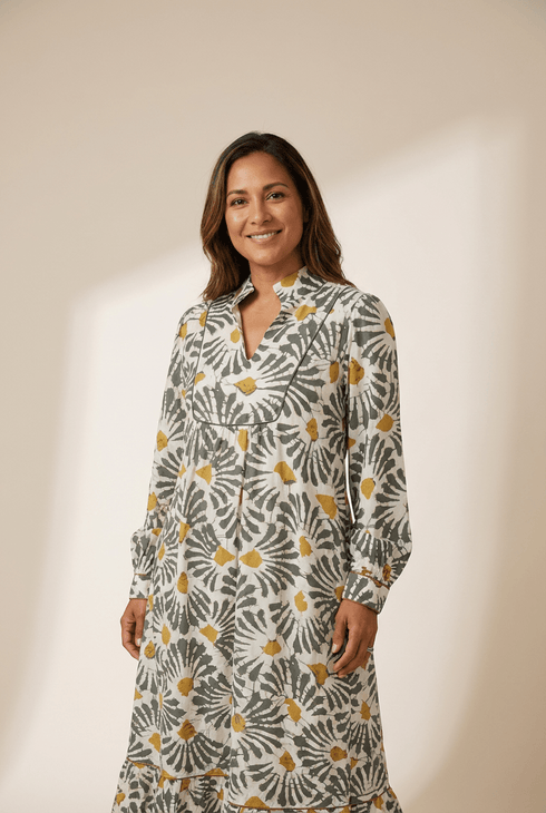 Gray Abstract Floral Print Split V Neck Long Dress with Sleeves