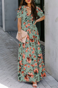 women's elegant women's green floral maxi dress with frills and v-neck - ideal for summer events and casual outings with practical styling and