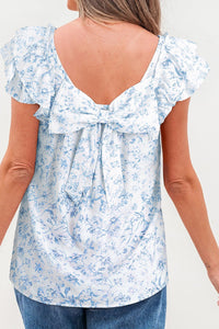 Women's Sky Blue Floral Ruffle Blouse with Bow Back Detail