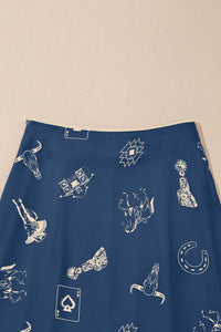 Navy Blue Western Print Satin Long Skirt