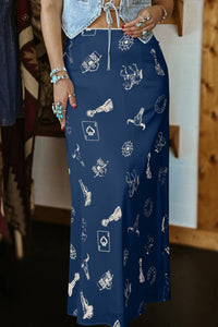 Elegant Women's Navy Blue Western Print Satin Maxi Skirt - Comfortable Fit for Chic Casual Looks