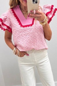 Elegant Women's Pink Floral Embroidered Blouse with Lace Trim and Flutter Sleeves - Perfect Summer Top for Any Occasion