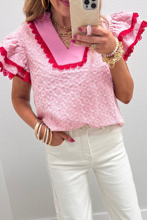 Elegant Women's Pink Floral Embroidered Blouse with Lace Trim and Flutter Sleeves - Perfect Summer Top for Any Occasion