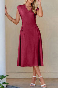 Women's Elegant Women's Red Dahlia Midi Dress - Pleated Flared V-Neck Style for Casual and Dressy Events