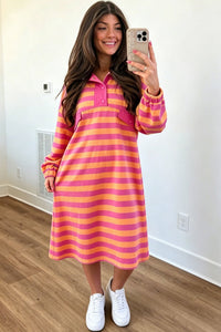 $13.8 Rose Stripe Long Sleeve Polo Neck Midi Dress Wholesale