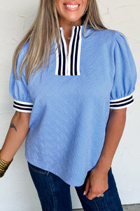 Elegant Women's Textured Stripe Puff Sleeve Top with Split Neck - Versatile Style for Casual and Dressy Outings