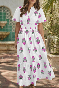 Women's Elegant Women's White Floral Maxi Dress with Split Neck, Shirred Waist, and Ruffle Hem for Stylish Summer Outings