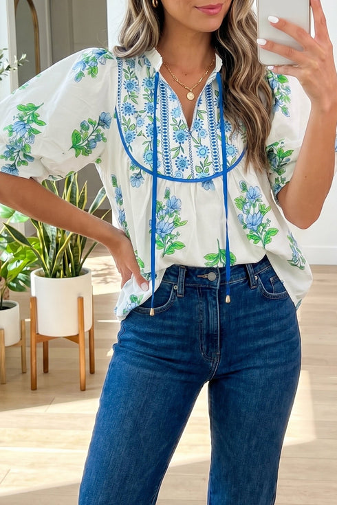 Elegant Women's White Floral Print Tie Neck Blouse with Contrast Trim - Versatile Stylish Top for Every Occasion