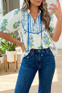 Elegant Women's White Floral Print Tie Neck Blouse with Contrast Trim - Versatile Stylish Top for Every Occasion