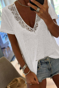 Elegant Women's White V-Neck T-Shirt with Lace Detailing - Chic Casual Top for Stylish Summer Wardrobe