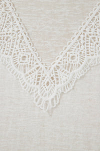 White Hollowed Lace Splicing V Neck T Shirt