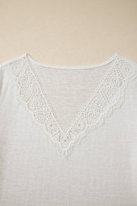 White Hollowed Lace Splicing V Neck T Shirt