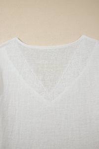 White Hollowed Lace Splicing V Neck T Shirt
