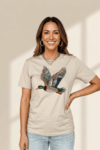 Women's Embellished Mallard Graphic Tee in Oatmeal Tan