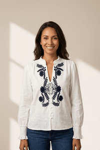 Women's Embroidered Cotton V-Neck Blouse with Shirred Ruffle Cuffs