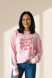 Women's Embroidered John 3:16 Bow Pullover in Ribbed Pastel Pink