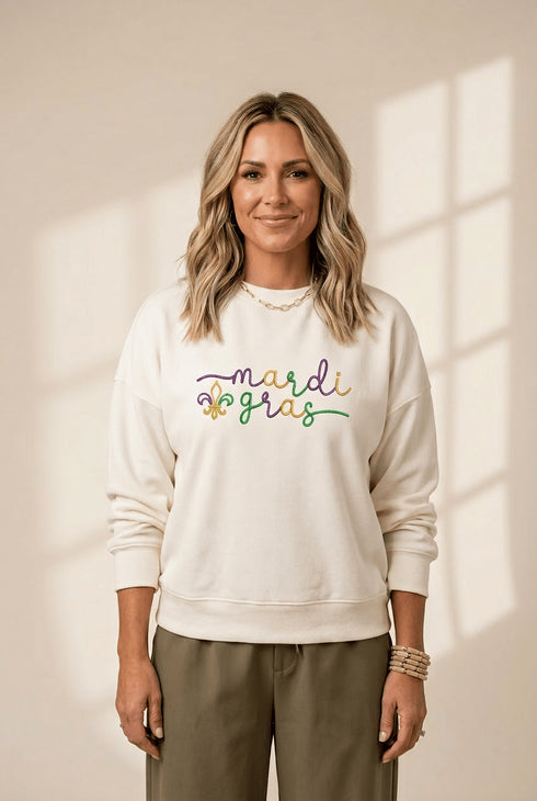 Women's Embroidered Mardi Gras Fleur-de-Lis Pullover Sweatshirt