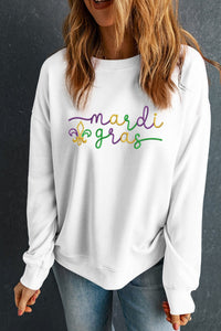 White mardi gras Fleur De Lis Embroidered Graphic Pullover Sweatshirt