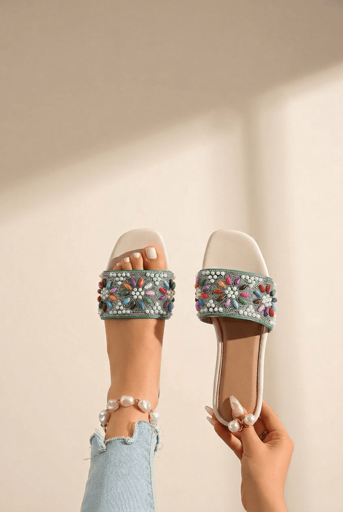 Women's Emerald Green Jeweled Square Toe Summer Slides made for easy styling and wardrobe coordination, with premium-like structure and finish.
