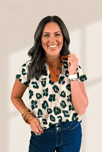 Women's Emerald Leopard Print Blouse with Cognac Faux-Leather Trim
