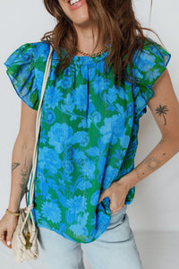Women's Emerald and Royal Blue Floral Flutter Sleeve Blouse with practical styling and dependable silhouette control.