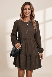 Women's Espresso Corduroy Tiered Mini Dress with Lantern Sleeves