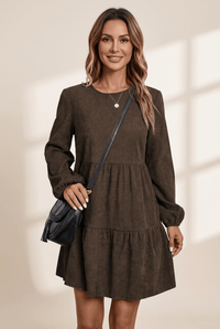 Women's Espresso Corduroy Tiered Mini Dress with Lantern Sleeves