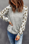 Women's Casual Gray Leopard Print Long Sleeve Blouse - Stylish Round Neck Top for Everyday Outfits