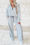 Women's Light Grey Zipped Polo Collar Pullover with Contrast Piping & Drawstring Sweatpants Lounge Set