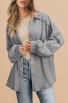 Women's Medium Grey Waffle Knit Shacket with Patchwork Design & Exposed Seams for Effortless Casual Style