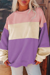 Cozy Women's Meadow Mauve Colorblock Sweatshirt - Stylish Drop Shoulder Design for Everyday Comfort and Casual Wear