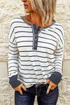 Women's White Striped Waffle Knit Henley Top with Button Detail - Casual, Comfortable Fit for Everyday Wear
