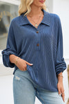 Women’s Casual Chic Navy Blue Oversized Twist Ribbed Henley Top with Roll-Up Sleeves for Effortless Style