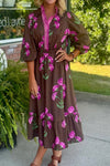Elegant Women's Brown Floral Maxi Dress with Frilled Neckline and Puff Sleeves - Perfect for Summer Events