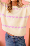 Cozy Women's Pink Heart Pattern Ribbed Knit Sweater - Perfect for Valentine's Day and Romantic Date Nights