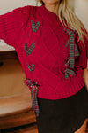 Women's Fiery Red Plaid Puff Sleeve Sweater with Lace-Up Detail - Perfect for Holiday Celebrations and Seasonal Style