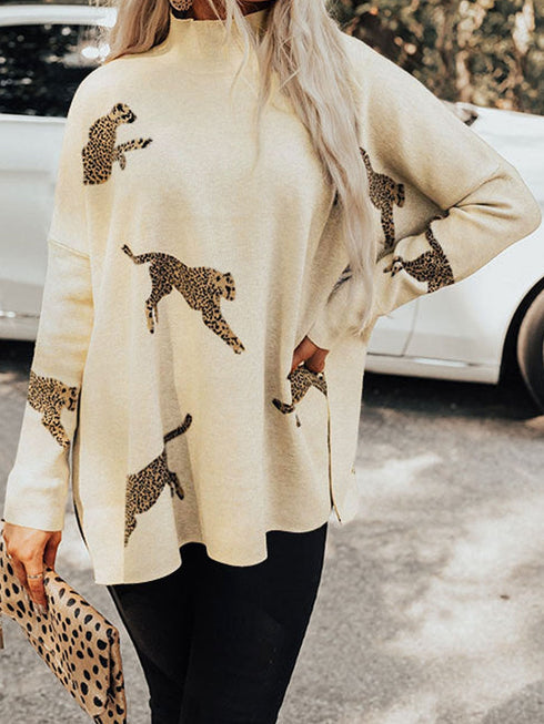Vibrant Cheetah Print High Neck Split Hem Sweater