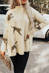 Trendy Women's Parchment Cheetah Print High Neck Sweater with Split Hem - Stylish Casual Knit for Everyday Wear