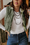 Women's Laurel Green Plaid Puffer Vest - Stylish Zip-Up Outerwear for Cozy Fall and Winter Fashion