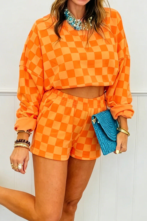 Trendy Women's Orange Plaid Crop Top with Long Sleeves & Elastic Waist Shorts Set - Stylish Two-Piece Summer Outfit