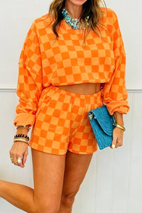 Trendy Women's Orange Plaid Crop Top with Long Sleeves & Elastic Waist Shorts Set - Stylish Two-Piece Summer Outfit