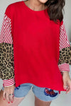 Trendy Women's Racing Red Colorblock Sweatshirt with Striped Sleeves - Stylish Casual Fit for Everyday Comfort