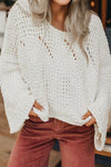 Cozy Women's Chic White Wide Sleeve Pullover Sweater with Hollowed Details - Effortless Loose Fit for Stylish Comfort