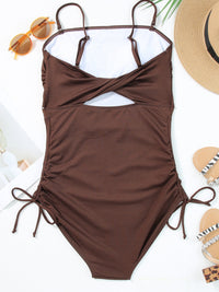 coffee-ribbed-drawstring-sides-cutout-one-piece-swimsuit
