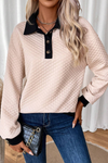 Cozy Women's Oatmeal Colorblock Sweatshirt with Buttoned Collar - Chic Fall Top for Effortless Casual Style