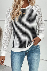 Black Stripe Textured Knit Contrast Hollowed Lace Patchwork Long Sleeve Top