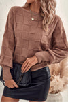 Cozy Chestnut Checkered Knit Sweater for Women with Dolman Sleeves – Perfect for Effortless Fall Layering and Style