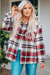 Chic Fiery Red Geometric Plaid Shacket for Women - Stylish Fall Layering Essential with Convenient Pockets