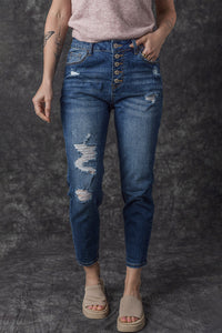 Retro Rolled Hem Single-Breasted Closure Straight Loose Casual Jeans
